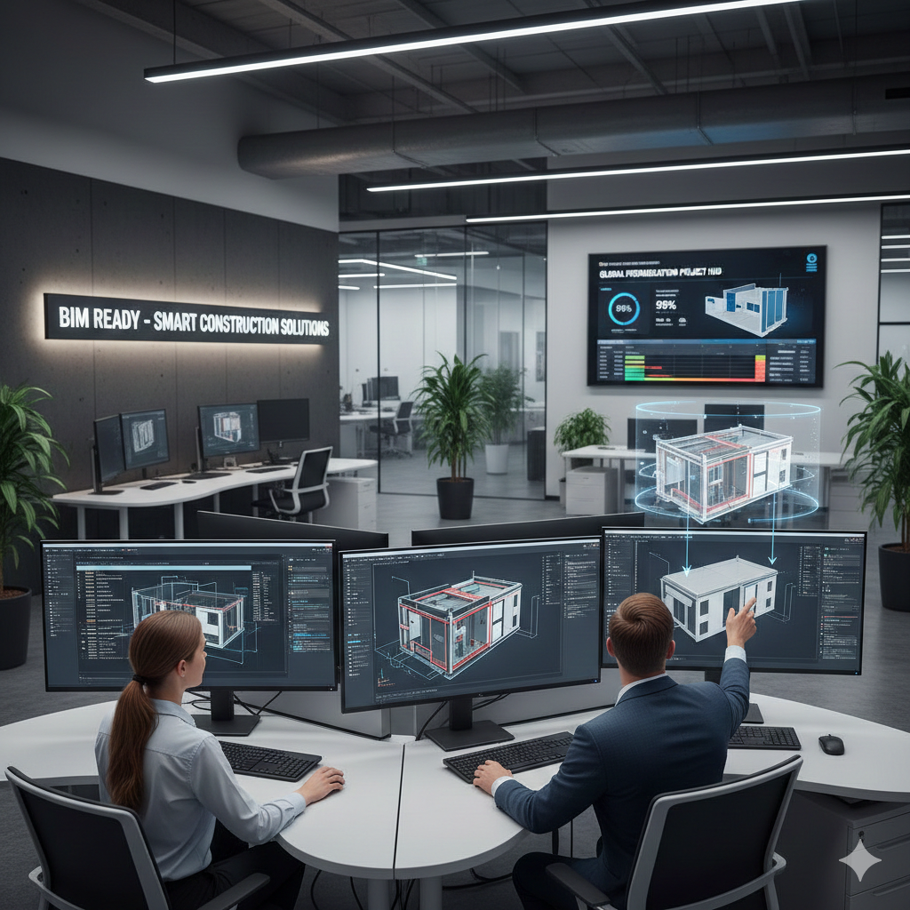  BIM ready CAD engineers working on prefabrication digital construction models 
