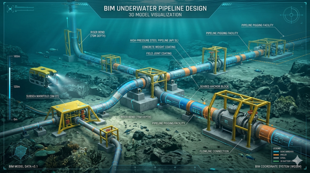 Alt Text: BIM underwater pipeline design 3D model visualization