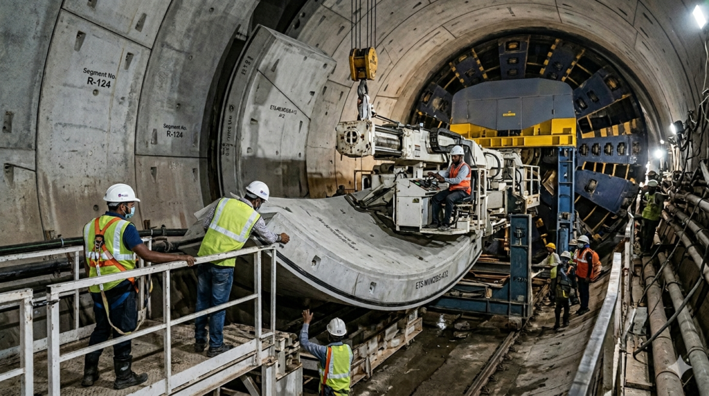 "Precast tunnel segments being installed in India infrastructure project 2026 by Enclave Technology Service"