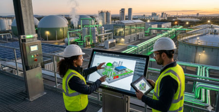 Engineers planning bioenergy infrastructure and biogas plant design using BIM technology at Enclave Technology Service