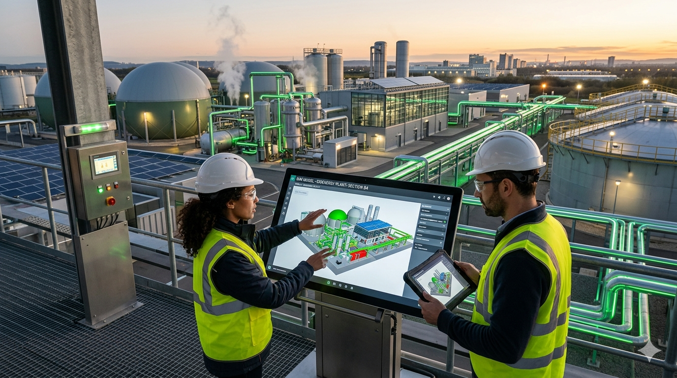 Engineers planning bioenergy infrastructure and biogas plant design using BIM technology at Enclave Technology Service