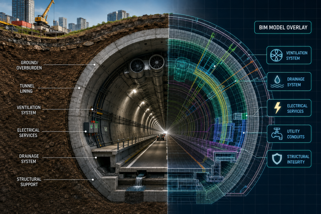 Alt text: Underground tunnel construction and engineering design